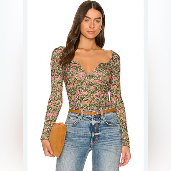 Free People Tops - Free People Ciara Printed Layering Thermal in Olive Pink Combo